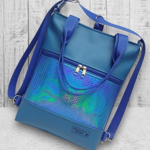 4in1 elegáns női hátizsák oldaltáska Kék alapon kék hologramos sellő mintás bőrrel - táska & tok - variálható táska - Meska.hu