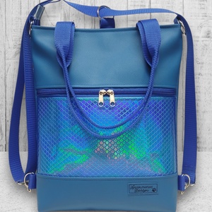 4in1 elegáns női hátizsák oldaltáska Kék alapon kék hologramos sellő mintás bőrrel, Táska & Tok, Variálható táska, Varrás, MESKA
