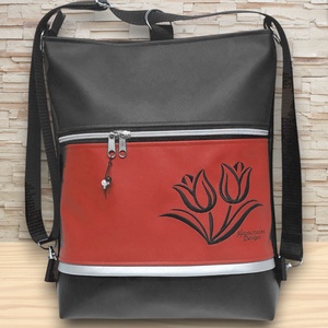 Hímzett tulipános 3in1 hátizsák univerzális táska fekete-piros - Meska.hu