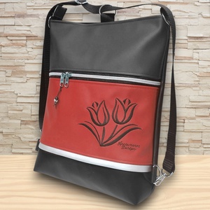 Hímzett tulipános 3in1 hátizsák univerzális táska fekete-piros - táska & tok - variálható táska - Meska.hu