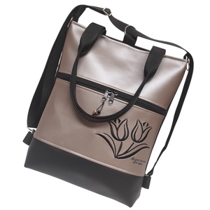 Hímzett tulipános elegáns 4in1 női hátizsák oldaltáska Fekete-púder - táska & tok - variálható táska - Meska.hu