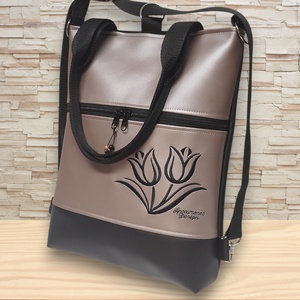 Hímzett tulipános elegáns 4in1 női hátizsák oldaltáska Fekete-púder - táska & tok - variálható táska - Meska.hu