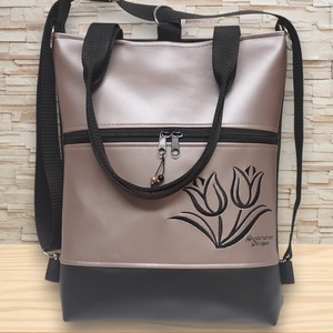 Hímzett tulipános elegáns 4in1 női hátizsák oldaltáska Fekete-púder, Táska & Tok, Variálható táska, Varrás, Hímzés, MESKA