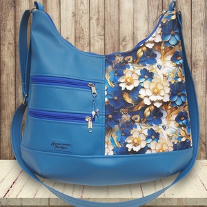 MAXI sokzsebes felemás textilbőr pakolós táska Aranyló virágok kék alapon textilbőr pánttal - Meska.hu