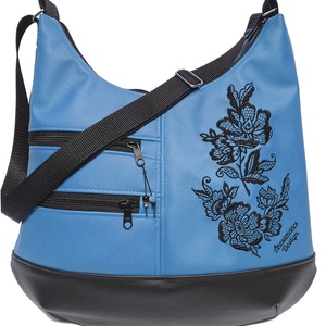 MAXI méretű hímzett sokzsebes textilbőr pakolós táska fekete kék - Meska.hu