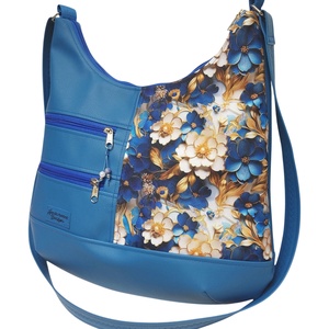 MAXI sokzsebes felemás textilbőr pakolós táska Aranyló virágok kék alapon textilbőr pánttal - táska & tok - kézitáska & válltáska - nagy pakolós táska - Meska.hu