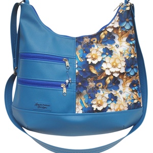 MAXI sokzsebes felemás textilbőr pakolós táska Aranyló virágok kék alapon textilbőr pánttal - Meska.hu