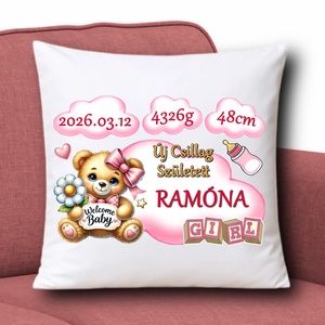 Babaváró babaköszöntő Díszpárna névvel adatokkal 35x35cm Lány002, Baba - mama, Babaszoba dekoráció, Gyerek díszpárna, Varrás, MESKA