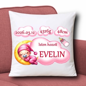 Babaváró babaköszöntő Díszpárna névvel adatokkal 35x35cm Lány001, Baba - mama, Babaszoba dekoráció, Gyerek díszpárna, Varrás, MESKA