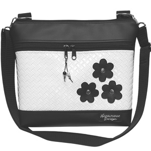 Bella crossbody oldaltáska 28x24cm - Elegáns fekete fehér applikált virágos - táska & tok - kézitáska & válltáska - vállon átvethető táska - Meska.hu