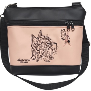 Bella crossbody oldaltáska 28x24cm - Hímzett cica pillangóval fekete-rose - táska & tok - kézitáska & válltáska - vállon átvethető táska - Meska.hu