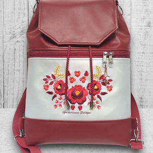 Fedélrészes zsinóros 3in1 hátizsák univerzális táska Burgundy-ezüst - Hímzett Hungarian Folkart12b - Meska.hu