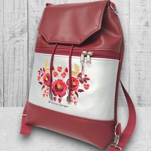 Fedélrészes zsinóros 3in1 hátizsák univerzális táska Burgundy-ezüst - Hímzett Hungarian Folkart12b - táska & tok - hátizsák - hátizsák - Meska.hu