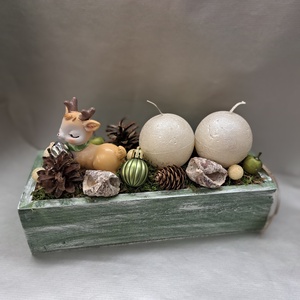 Őzikés karácsonyi asztaldísz fadobozban, Karácsony, Adventi díszek, Adventi asztaldísz, , MESKA