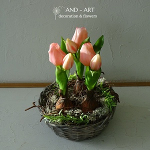 Tavaszváró otthondísz, élethű tulipánnal., Otthon & Lakás, Dekoráció, Asztal és polc dekoráció, Asztaldísz, Virágkötés, MESKA