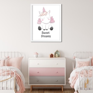 Cuki rózsaszín egyszarvús gyerekszoba poszter A4 - Baba falikép - Szép álmokat felirattal - otthon & életmód - dekoráció - kép & falikép - Meska.hu