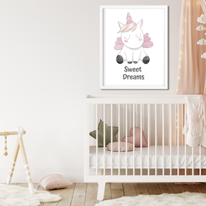 Cuki rózsaszín egyszarvús gyerekszoba poszter A4 - Baba falikép - Szép álmokat felirattal - otthon & életmód - dekoráció - kép & falikép - Meska.hu