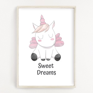 Cuki rózsaszín egyszarvús gyerekszoba poszter A4 - Baba falikép - Szép álmokat felirattal - otthon & életmód - dekoráció - kép & falikép - Meska.hu