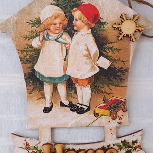 Retro karácsony ajtódísz, Karácsony, Adventi díszek, Adventi ajtódísz, Decoupage, transzfer és szalvétatechnika, MESKA