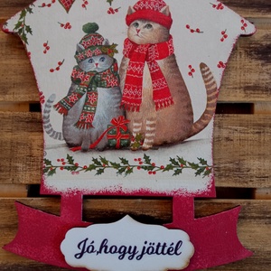 Cicók- karácsonyi ajtódísz, Karácsony, Karácsonyi lakásdekoráció, Karácsonyi ajtódíszek, Decoupage, transzfer és szalvétatechnika, MESKA