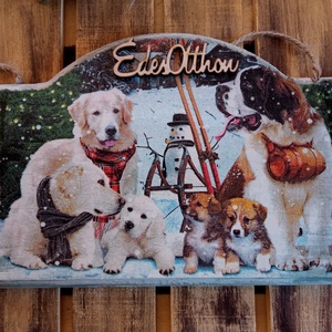 Kutyusos ajtódísz, Karácsony, Karácsonyi lakásdekoráció, Karácsonyi ajtódíszek, Decoupage, transzfer és szalvétatechnika, MESKA