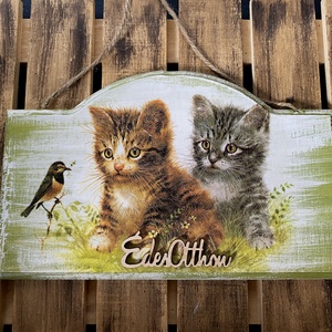 Cirmos cicák-ajtódísz, Otthon & Életmód, Dekoráció, Ajtó- és ablak dekoráció, Ajtódísz & Kopogtató, Decoupage, transzfer és szalvétatechnika, MESKA