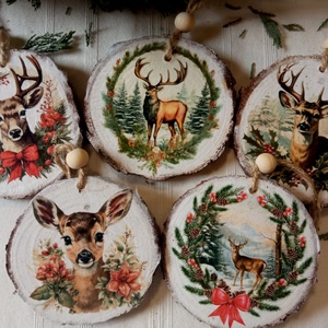 Szarvas, Őzike- fakarácsonyfadísz, Karácsony, Karácsonyi lakásdekoráció, Karácsonyfadíszek, Decoupage, transzfer és szalvétatechnika, MESKA