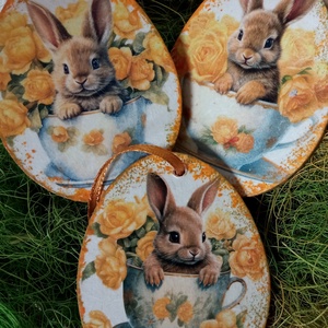 Nyuszik csészében- húsvéti tojások, Otthon & Életmód, Dekoráció, Fali és függő dekoráció, Függődísz, Decoupage, transzfer és szalvétatechnika, MESKA