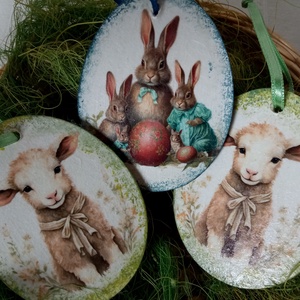 Bárány és nyuszik- húsvéti tojások, Otthon & Életmód, Dekoráció, Fali és függő dekoráció, Függődísz, Decoupage, transzfer és szalvétatechnika, MESKA