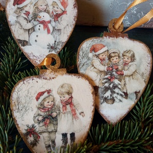 Gyerekek retró fa karcsonyfadísz, Karácsony, Karácsonyi lakásdekoráció, Karácsonyfadíszek, Decoupage, transzfer és szalvétatechnika, MESKA