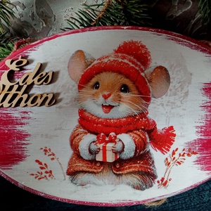 Boldog kisegér- adventi ajtókopogtató , Karácsony, Adventi díszek, Adventi ajtódísz, Decoupage, transzfer és szalvétatechnika, MESKA