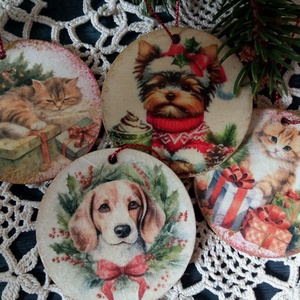 Kiskutya-kiscica karcsonyfadísz, Karácsony, Karácsonyi lakásdekoráció, Karácsonyfadíszek, Decoupage, transzfer és szalvétatechnika, MESKA