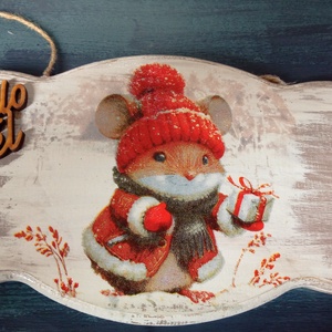 Pirossapk�s egérke- ajtókopogtatótábla, Otthon & Életmód, Dekoráció, Ajtó- és ablak dekoráció, Ajtódísz & Kopogtató, Decoupage, transzfer és szalvétatechnika, MESKA