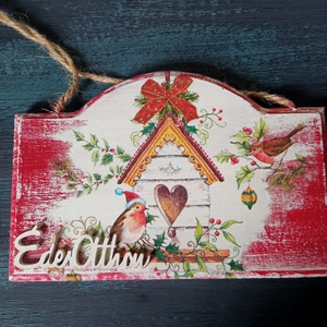 Karácsonyi mad�rh�zikó- ajtókopogtató tábla, Otthon & Életmód, Dekoráció, Ajtó- és ablak dekoráció, Ajtódísz & Kopogtató, Decoupage, transzfer és szalvétatechnika, MESKA