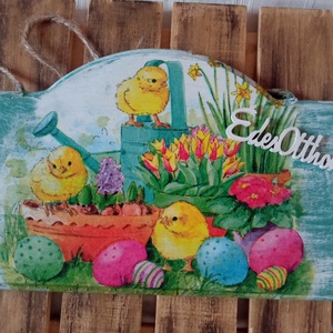 Húsvéti csibék ajtókopogtató , Ünnepi díszek, dekorációk, Húsvéti díszek és dekorációk, Húsvéti ajtódísz, kopogtató, Decoupage, transzfer és szalvétatechnika, MESKA