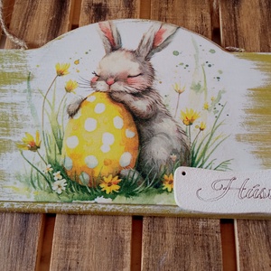 Húsvéti nyuszi ajtókopogtatót�bla, Ünnepi díszek, dekorációk, Húsvéti díszek és dekorációk, Húsvéti ajtódísz, kopogtató, Decoupage, transzfer és szalvétatechnika, MESKA