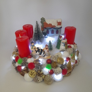 Piros Gyertyás Téli Falu - karácsony - adventi díszek - adventi koszorú - Meska.hu