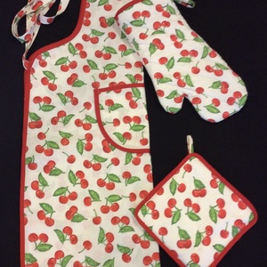 Kötény cseresznye mintás pamutvászonból  - otthon & életmód - konyhafelszerelés, tálalás - konyhai textil - kötény - Meska.hu