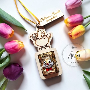 Húsvéti meglepetés nyuszi formájú csokival, Ünnepi díszek, dekorációk, Húsvéti díszek és dekorációk, Húsvéti tojásfadíszek, Gravírozás, pirográfia, MESKA