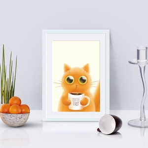Kávés cica fali kép - Cicás fali kép - Macska kép - cica print - macska print - Digitális festmény - otthon & életmód - dekoráció - kép & falikép - poszter - Meska.hu