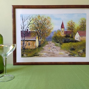 Templom a faluban...., Művészet, Festmény, Akril, Festészet, Festett tárgyak, MESKA