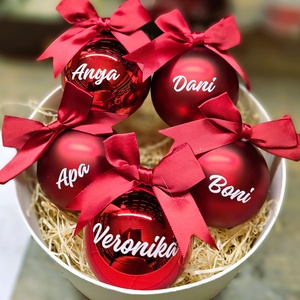 Piros üveggömb szett 5db 8cm egyedi felirattal, családi csomag, gömbbox (805gombbox), Karácsony, Karácsonyi lakásdekoráció, Karácsonyfadíszek, Decoupage, transzfer és szalvétatechnika, MESKA