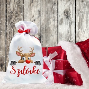 Mikulás zsák egyedi névvel kukucskáló Rudolf (1.minta), Karácsony, Mikulás, Mikulás zsák, Decoupage, transzfer és szalvétatechnika, MESKA