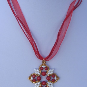 Gyöngy Görög kereszt - piros- fehér - arany - ékszer - nyaklánc - medálos nyaklánc - Meska.hu