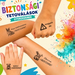 Gyermekbiztonsági tetoválás szülői telefonszámmal / allergia figyelmeztetéssel - információs lemosható tetkó gyerekeknek - Meska.hu