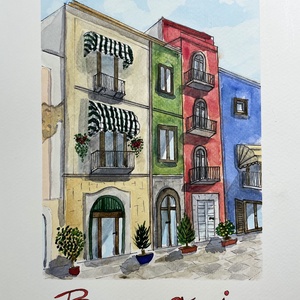 Olaszország, Bari utcarészlet piros házzal, Művészet, Festmény, Akvarell, Festészet, MESKA