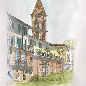 Olaszország, Umbertide, Tornyos épület, Művészet, Festmény, Akvarell, Festészet, MESKA