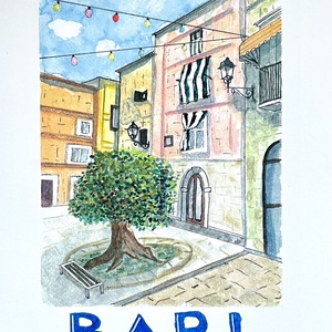 Olaszország, Bari, tér fával, Művészet, Festmény, Akvarell, Festészet, MESKA