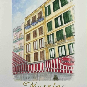 Spanyolország, Murcia, utcarészlet piros-fehér napernyőkkel, Művészet, Festmény, Akvarell, Festészet, MESKA