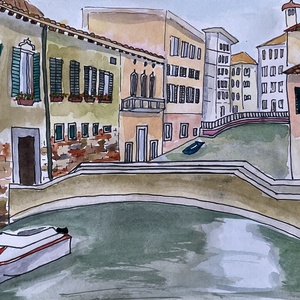 Olaszország, Velence, utcarészlet hidakkal, csónakkal, Művészet, Festmény, Akvarell, Festészet, MESKA